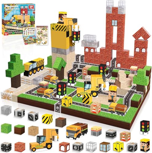 Annexfun Magnet Bausteine Magnetische Bauwelt Straßenaufsatz Set Stadt mit Baufahrzeuge Magnetic Building Blocks Bagger Spielzeug ab 5 6 7 Jahren Baustellenfahrzeuge Kinder von Annexfun