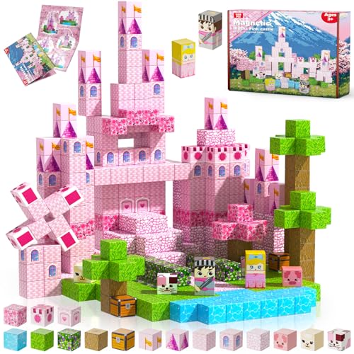 Magnetische Bausteine für kreative Kinder Magnetbausteine 100 Teile | Pinkes Märchenschloss mit Zubehör | Magnetic Building Blocks ab 3 Jahren Ostern Geschenke Kinder Spielzeug ab 4 5 6 7 8 Jahre von Annexfun