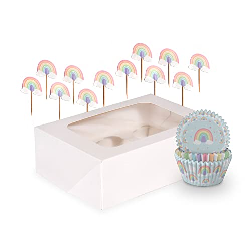 Anniversary House Regenbogen Cupcake Dekoration Kit, 75 Cupcake Förmchen und 12 Topper, Cupcake Box 6 Loch mit Fenster, Regenbogen Kuchen Toppers, Pastell Regenbogen Party Dekorationen, AMZ013 von Anniversary House