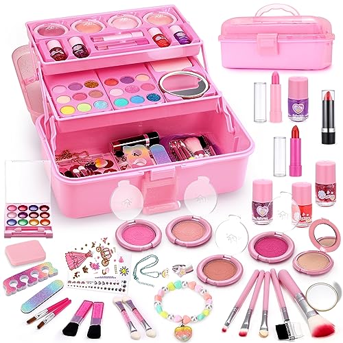 Anpro 68PCS Kinderschminke Set Mädchen, Waschbar Schminke Kinder Schminkkoffer Spielzeug Kindern Make Up Set Rollenspiel Kosmetik Spielzeug Geschenk für Mädchen 3 4 5 6 7 8 9 10 11 12 Jahre（Rosa） von Anpro