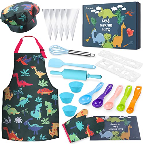 Anpro Chef-Set Koch-und Backset für Kinder, Backset Rollenspiele maßgeschneiderte Jungenschürzen, Kochmützen, Handschuhe und Dinosauriermuster Kinderkoch Rollenspielkostüme, Kinder ab 3-7 von Anpro