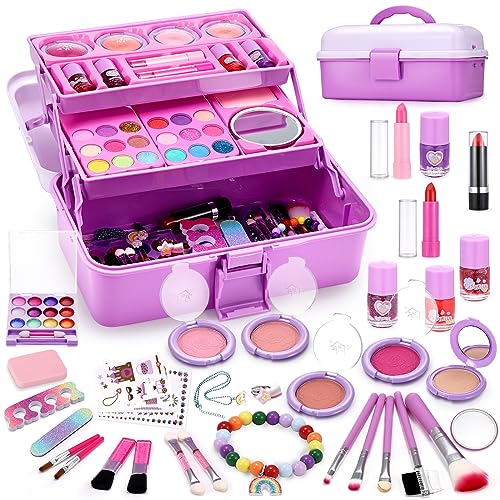 Anpro 68PCS Kinderschminke Set Mädchen, Waschbar Schminke Kinder Schminkkoffer Spielzeug Kindern Make Up Set Rollenspiel Kosmetik Spielzeug Geschenk für Mädchen 3 4 5 6 7 8 9 10 11 12 Jahre（Lila） von Anpro