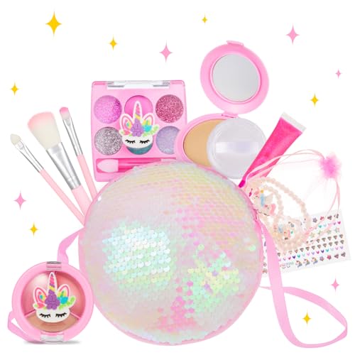 Anpro Kinder-Make-up-Set für Mädchen - Kinderfreundliches, waschbares Make-up mit glitzernder Umhängetasche, Spiel-Make-up-Set für Kinder, Prinzessin-Spielzeug-Geschenk für Mädchen von Anpro