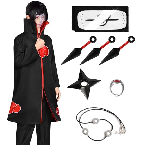 Akatsuki Mantel für Kinder Erwachsener Unisex Cosplay Kostüm, Cosplay Halloween Weihnachten Party Kostüm Umhang mit Stirnband und Ring(140-160cm) von Ansamy