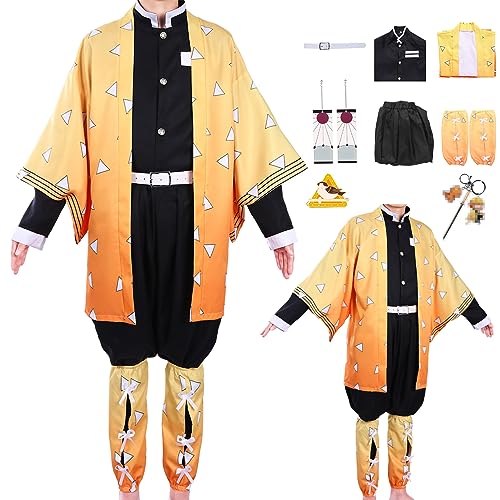 Demon Slayer Cosplay Kostüm Tomioka Giyuu Kimono, Demon Slayer Uniform Tomioka Giyuu Cosplay Kostüm Set, Anime Kimono Outfit für Kinder Erwachsene Halloween (Agatsuma Zenitsu, M(155-160 cm)) von Ansamy