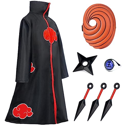 Ansamy Akatsuki Mantel für Kinder Erwachsene Unisex Cosplay Kostüm Cosplay Halloween Weihnachten Party Kostüm Umhang mit Maske und Ring, Schwarz, L von Ansamy