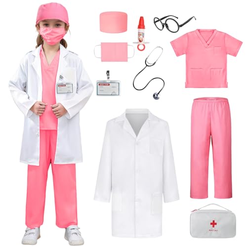 Ansamy Arztkoffer Kinder Kostüm Cosplay Arzt Kinder, Kinderkostüm Set mit Spielzubehör für Mädchen Jungen, Lernspielzeug Geschenke für Kinder 4 5 6 7 8 9 10 Jahre (Rosa, 110) von Ansamy