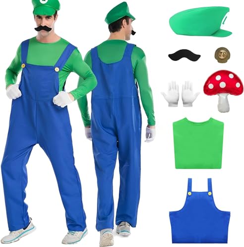 Super Brüder Kostüm für Kinder Erwachsene, Faschingskostüme Herren, Super Brüder Cosplay Kostüm mit T-Shirt Mütze Hose Bart Handschuhe für Halloween Karneval Faschingskostüme (Grün(erwachsener)1, L) von Ansamy