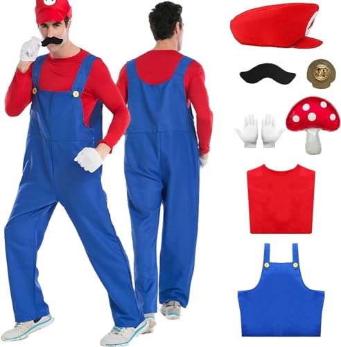 Super Brüder Kostüm für Kinder Erwachsene, Faschingskostüme Herren, Super Brüder Cosplay Kostüm mit T-Shirt Mütze Hose Bart Handschuhe für Halloween Karneval Faschingskostüme (Rot(Erwachsener)1, XL) von Ansamy