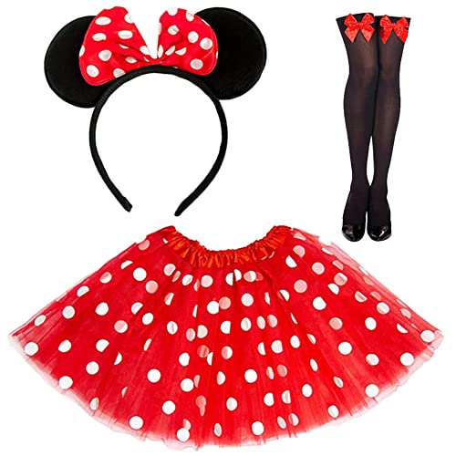 Ansamy Damen Maus Mouse Kostüm, rote Tutu mit weiß Gepunktet, Haarreifen mit schwarz Ohren und rote Schleife, Cosply Kostüm Accessoire für Halloween Motto Party von Ansamy