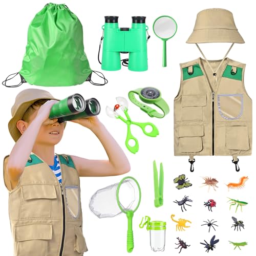 Ansamy Forscherset, Entdecker Set Kinder Weste, Hut für Outdoor Spielzeug Kinder ab 6, Outdoor Adventurer Explorer Set für Wandern, Camping (Set 1) von Ansamy