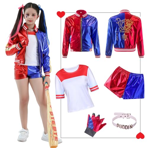 Ansamy Harley Cosplay Kostüme für Erwachsene Kinder, Mädchen Bösewicht Suicide Kostüm Kit enthalten Jacke, T-Shirt, Shorts und Handschuh für Halloween Karneval Cosplay (Kinder, 110) von Ansamy