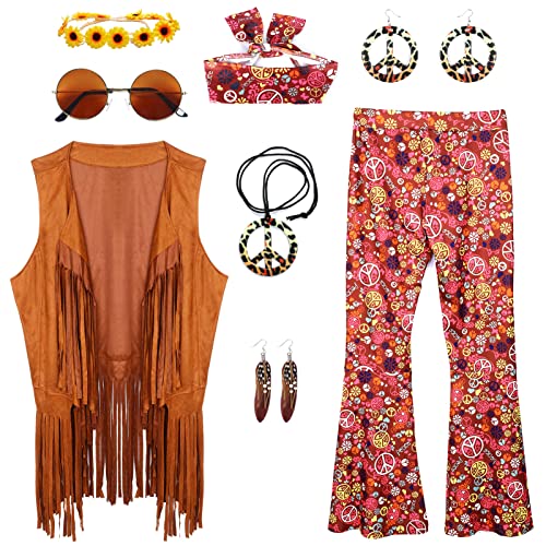 Ansamy Hippie Kostüm Damen Set, 60er 70er Jahre Hippie Kleidung Damen mit Fransenweste Schlaghose, 60er 70er Jahre Outfit Damen Bekleidung für Disco Mottoparty Karneva Fashing Kostüme (M(160-162 cm)) von Ansamy