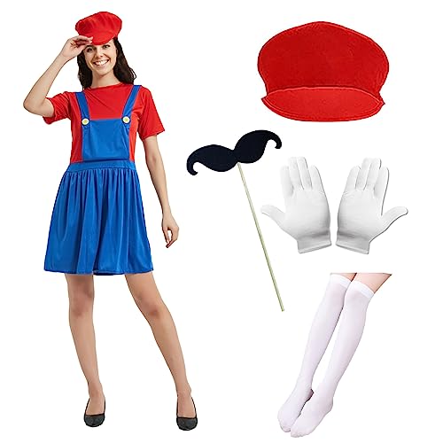 Ansamy Super Brüder Kostüm Kinder Erwachsene, Fasching Kostüm kinder, Verkleidung Halloween Karneval Cosplay Costüm Outfit für Mädchen Damen (rote Erwachsener Keid(damen), L) von Ansamy