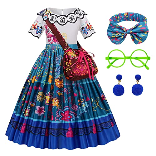 Ansamy Mirabelle Kostüm Mädchen Kostüm Prinzessin Kinder, Mirabel Kleid Set mit Tasche/Brille/Ohrring/Haarband, Faschingskostüme Mädchen Halloween Geburtstag Party Cosplay Costüm (130(120-130 cm)) von Ansamy