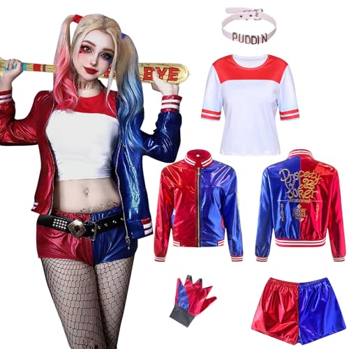 Ansamy Quinn Cosplay Kostüme für Erwachsene Kinder, Mädchen Bösewicht Suicide Kostüm Kit enthalten Jacke, T-Shirt, Shorts und Handschuh für Halloween Karneval Cosplay (Erwachsener, M) von Ansamy