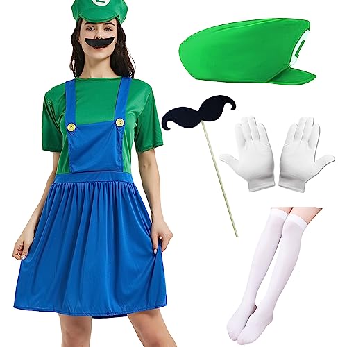 Ansamy Super Brüder Kostüm Kinder Erwachsene, Fasching Kostüm kinder, Verkleidung Halloween Karneval Cosplay Costüm Outfit für Mädchen Damen (Grün, M) von Ansamy