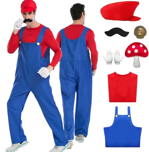 Ansamy Super Brüder Kostüm für Kinder Erwachsene, Faschingskostüme Herren, Super Brüder Cosplay Kostüm mit T-Shirt Mütze Hose Bart Handschuhe für Halloween Karneval Faschingskostüme (Rot, S) von Ansamy