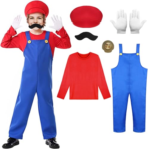 Ansamy Super Brüder Kostüm für Kinder Erwachsene, Faschingskostüme Herren, Super Brüder Cosplay Kostüm mit T-Shirt Mütze Hose Bart Handschuhe für Halloween Karneval Faschingskostüme (Rot(Kinder), XL) von Ansamy