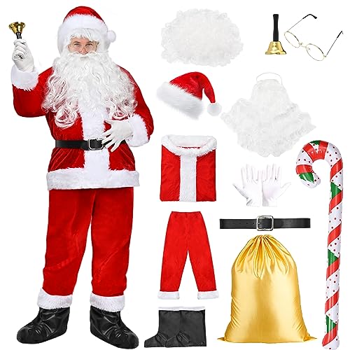 Ansamy Weihnachtsmann Kostüm Herren, Nikolaus Kostüm für Erwachsene, Nikolaus Santa Claus Weihnachten Verkleidung Nikolauskostüm für Herren/Erwachsene, 14-teilig, rot von Ansamy