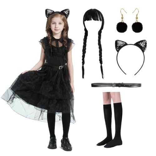 Damen Halloween Kostüm Erwachsene, Mädchen Wednesday Kleid, Gothic-Adrette-Stil Kleid Set, Anime Cosply Kostüm für Halloween Karneval Party Outfits (Kleid-Set 4, 140(135-145 cm)) von Ansamy