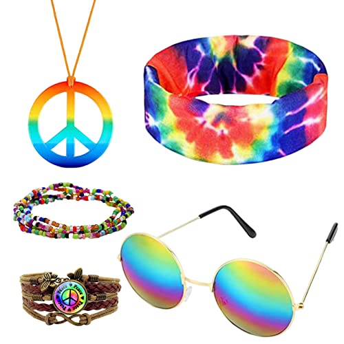 Hippie Accessoires Hippie Zubehör Set für Herren Damen, 80er Jahre Accessoires Armband Halskette Sonnenblumen Bunt Stirnband, 60er 70er Kostüm Zubehör für Mode Thema Party von Ansamy