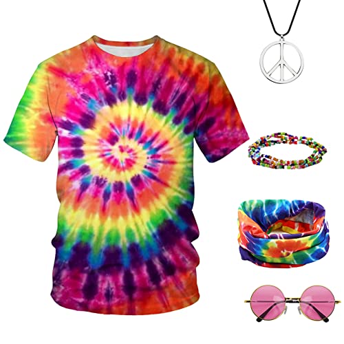 Hippie Kostüm Set für Herren & Damen, 80er Jahre Hippie Kostüm T-Shirts mit Bunt Stirnbänder Armband Halskette Sonnenblumen Accessoires, 60er 70er Jahre Outfit Erwachsene für Mode Thema Party (S) von Ansamy