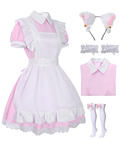 Maid Dress Cosplay Anzug Damen Maid Outfit für Mädchen Halloween Cosplay Kostüm Lolita Dress mit Kopfbedeckung Handschuhe Strümpfe (X-Large, Rosa) von Ansamy