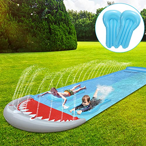 Ansobea 550x145cm Wasserrutsche, Doppel Wasser Rutsche, Wasserspielzeug Wassermatte mit 2 Bodyboards, Sommerspielzeug mit Sprinkler, Hai-Stil Outdoor Wasserrutschmatte für Kinder von Ansobea