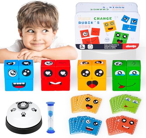 Anstore 3D Puzzle Face Changing Magic Cube, Gesichter Puzzle Bauwürfel Ausdruck Holzpuzzle, Bausteine Holz Würfel Bunt in 4 Farben Montessori Toy, Holzwürfel Spiele mit Glocke and Sanduhr für Kinder von Anstore