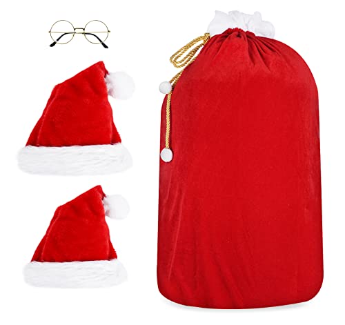 Anstore XXL Weihnachtssack aus Samt mit Golden Kordel, Weihnachtsmann Sack 70 x 110 cm, Nikolaussack Santa Sack mit 2 Weihnachtsmütze in Plüsch und 1 Weihnachtsmann Brille, Geschenkesack Weihnachten von Anstore