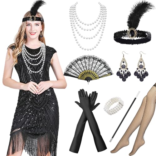 Antsparty 1920er Jahre Flapper-Kleid für Damen, 9-teiliges Pailletten-Kleid mit Fransen und Accessoires im Stil der 20er-Jahre, Vintage-Kostüme für Damen von Antsparty