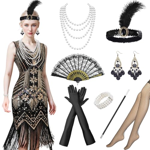 Antsparty 1920er Jahre Flapper-Kleid für Damen, 9-teiliges Pailletten-Kleid mit Fransen und Accessoires im Stil der 20er-Jahre, Vintage-Kostüme für Damen von Antsparty