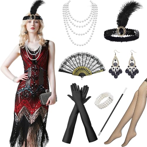 Antsparty 1920er Jahre Flapper-Kleid für Damen, 9-teiliges Pailletten-Kleid mit Fransen und Accessoires im Stil der 20er-Jahre, Vintage-Kostüme für Damen von Antsparty