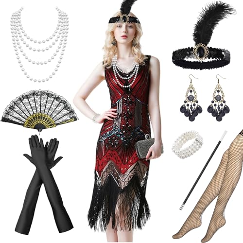 Antsparty 20er Jahre Kostüm Damen Charleston Kleid, V-Ausschnitt Pailletten Perlen Fransen Kleid mit 20er Jahre Accessoires, Vintage Gatsby Kleid für Faschingskostüm von Antsparty