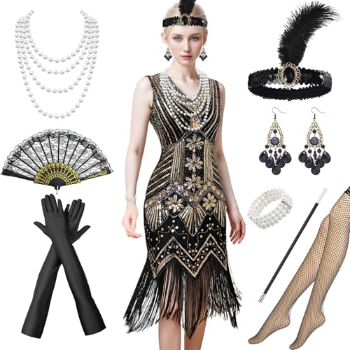 Antsparty 20er Jahre Kostüm Damen Charleston Kleid, V-Ausschnitt Pailletten Perlen Fransen Kleid mit 20er Jahre Accessoires, Vintage Gatsby Kleid für Faschingskostüm von Antsparty