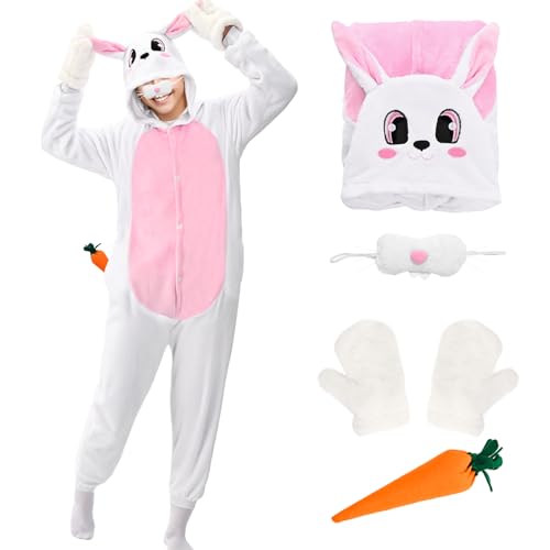 Antsparty Hasenkostüm für Erwachsene, Bunny Kostüm Set mit Karotten Handschuhe, Hasenkostüm Jumpsuit Onesie Pyjama für Ostern Karneval Cosplay Party von Antsparty