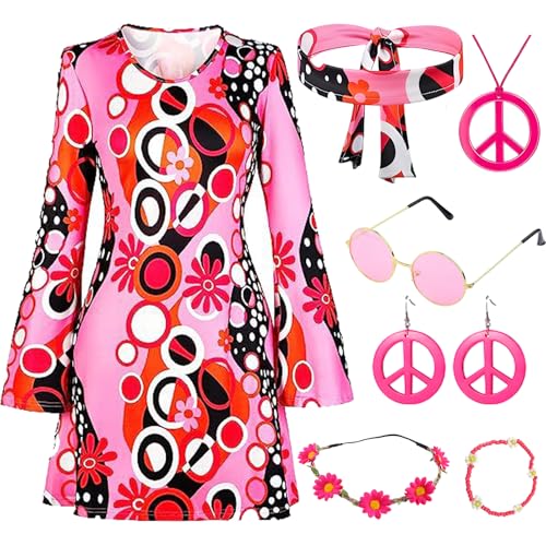 Antsparty 5 Stück Hippie Kostüm für Damen, 60er 70er Bekleidung Damen Hippie Kleid Frauen Mädchen Disco Kleider, Damen Retro Disco Outfit Faschingskostüm für Karneval Party von Antsparty