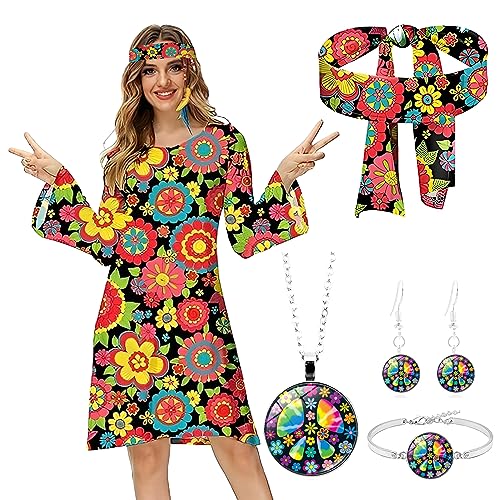 Antsparty 6-teiliges Hippie-Kostüm für Damen, Hippie-Kostüm der 70er Jahre für Damen, mit Zubehör, Haarband, Halskette, Zubehör, Damen, Halloween-Kostüm, Karneval, Maskerade von Antsparty