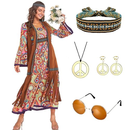 Antsparty 60er 70er Jahre Hippie Kostüm Damen Set mit Hippie Accessoires, Retro Damen Hippie Kleidung Disco Outfit für Halloween Karneval Party Cosplay von Antsparty