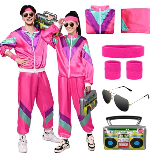 Antsparty 80er 90er Jahre Outfit Herren Damen, 80er Jahre Trainingsanzug Jacke Hose Anzug mit 80er Accessoire, 80er Jahre Schlagerparty Kostüm Bad Taste Outfit für Karneval von Antsparty