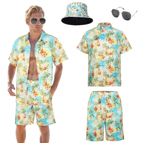 Antsparty 80er 90er Jahre Outfit für Herren, 4-teiliges Hawaii-Hemd und Shorts, Set mit Mützen, Sonnenbrille, Sommer, lässiger Strand-Trainingsanzug für Disco, Urlaub, Party von Antsparty