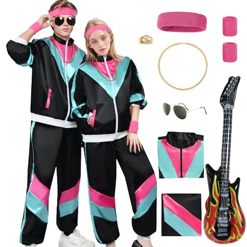 Antsparty 80er Jahre Muschelanzug Kostüm für Herren Damen, 80er Jahre Verkleidung mit Sportbekleidung Hose Aufblasbare Gitarre und Brille, 1980er Jahre Trainingsanzug Retro Disco Outfit für 80er 90er von Antsparty