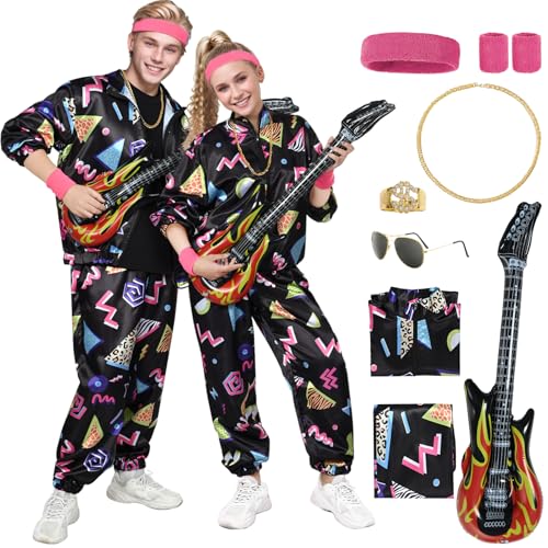 Antsparty 80er Jahre Muschelanzug Kostüm für Herren Damen, 80er Jahre Verkleidung mit Sportbekleidung Hose Aufblasbare Gitarre und Brille, 1980er Jahre Trainingsanzug Retro Disco Outfit für 80er 90er von Antsparty