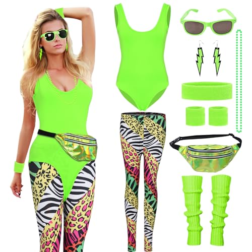 Antsparty 80er Jahre Outfit Damen, 80s Retro Trainingsanzug Kostüm Set mit Trikot, Leggings und 80er Jahre Accessoires, 80er Jahre Workout Kostüme für Karneval Party Faschingskostüme von Antsparty