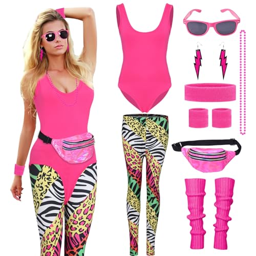 Antsparty 80er Jahre Outfit Damen, 80s Retro Trainingsanzug Kostüm Set mit Trikot, Leggings und 80er Jahre Accessoires, 80er Jahre Workout Kostüme für Karneval Party Faschingskostüme von Antsparty