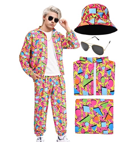 Antsparty 80er Jahre Outfit Herren, 80s 90s Kostüm Trainingsanzug Set mit Jacke Hose Brille, Vintage 80er Jahre Kleidung für Karneval Bad Taste Party Mottoparty Kostüm von Antsparty