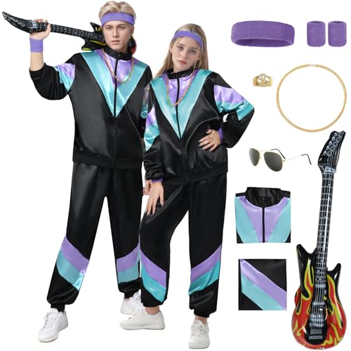 Antsparty 80er Jahre Outfit Herren, 80s Kostüm Trainingsanzug Set mit Jacke Hose Brille, Vintage 80er Jahre Kleidung für Karneval Bad Taste Party Mottoparty Kostüm von Antsparty