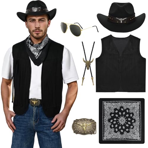 Antsparty Cowboy Kostüm Herren, Karneval Western Cowboy Fransenweste Set mit Hut Halstuch Halskette Brille, Herren Karneval Hippie Kostüm von Antsparty