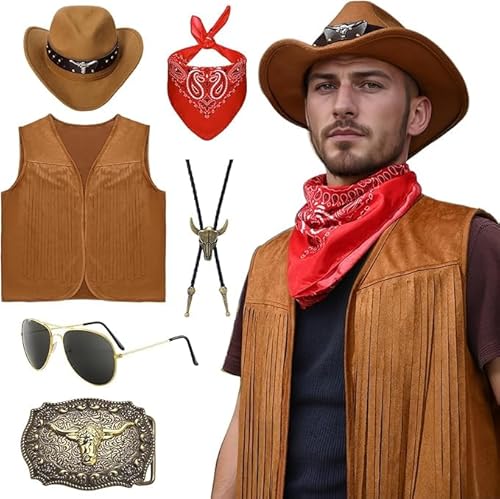 Antsparty Cowboy Kostüm Herren, Karneval Western Cowboy Fransenweste Set mit Hut Halstuch Halskette Brille, Herren Karneval Hippie Kostüm von Antsparty